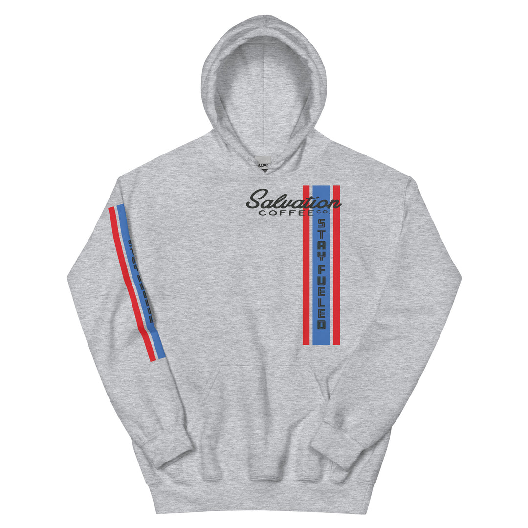 Stay Fueled Unisex Hoodie Lt. Grey, Lt. Blue w/sleeve print Stay Fueled Unisex Hoodie Lt. Grey, Lt. Blue w/sleeve print